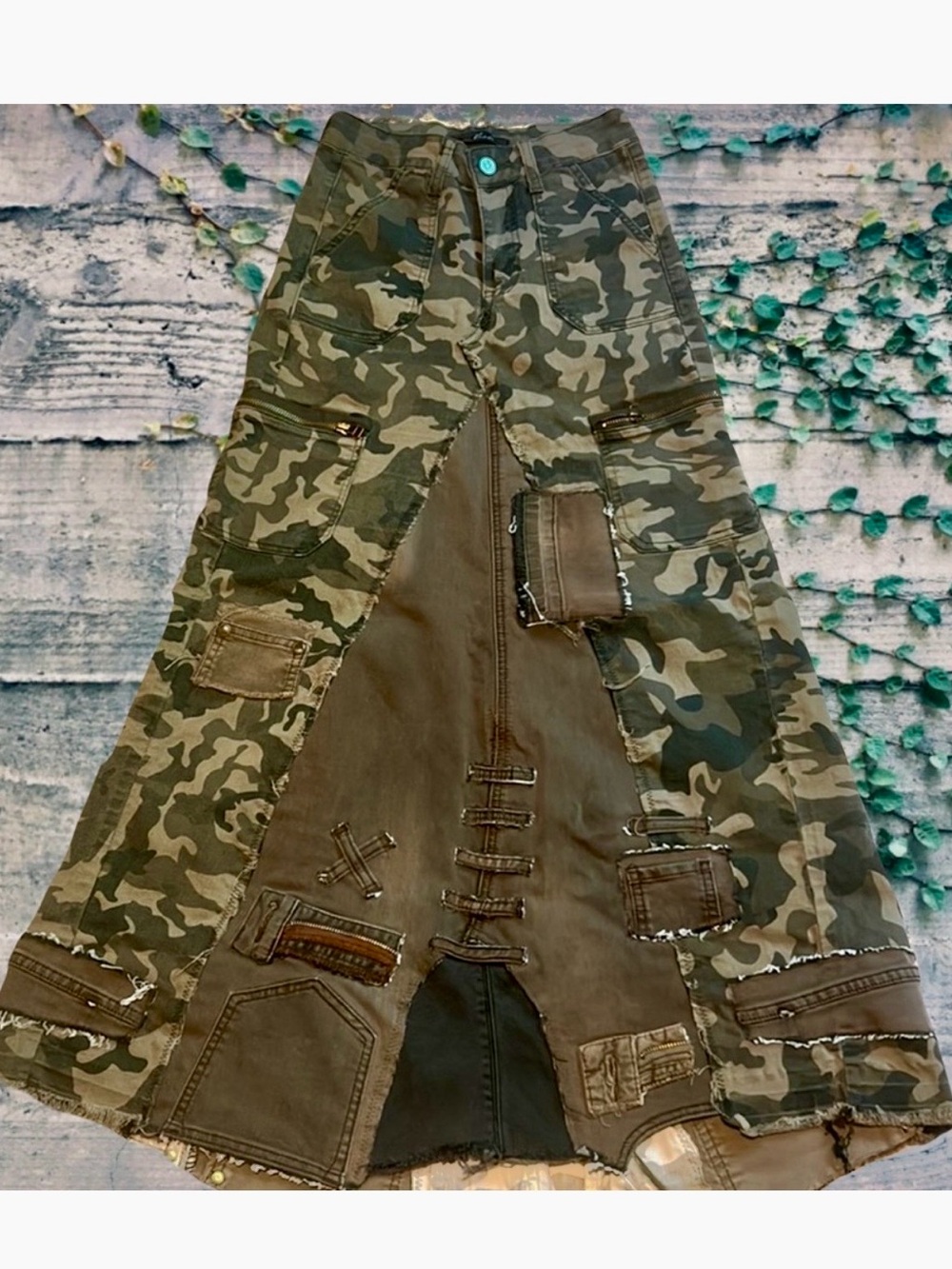 KanCan Upcycled camouflage patchwork utility maxi skirt